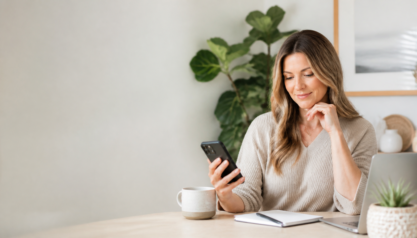 A health and wellness professional reviewing content on her phone at a bright home workspace